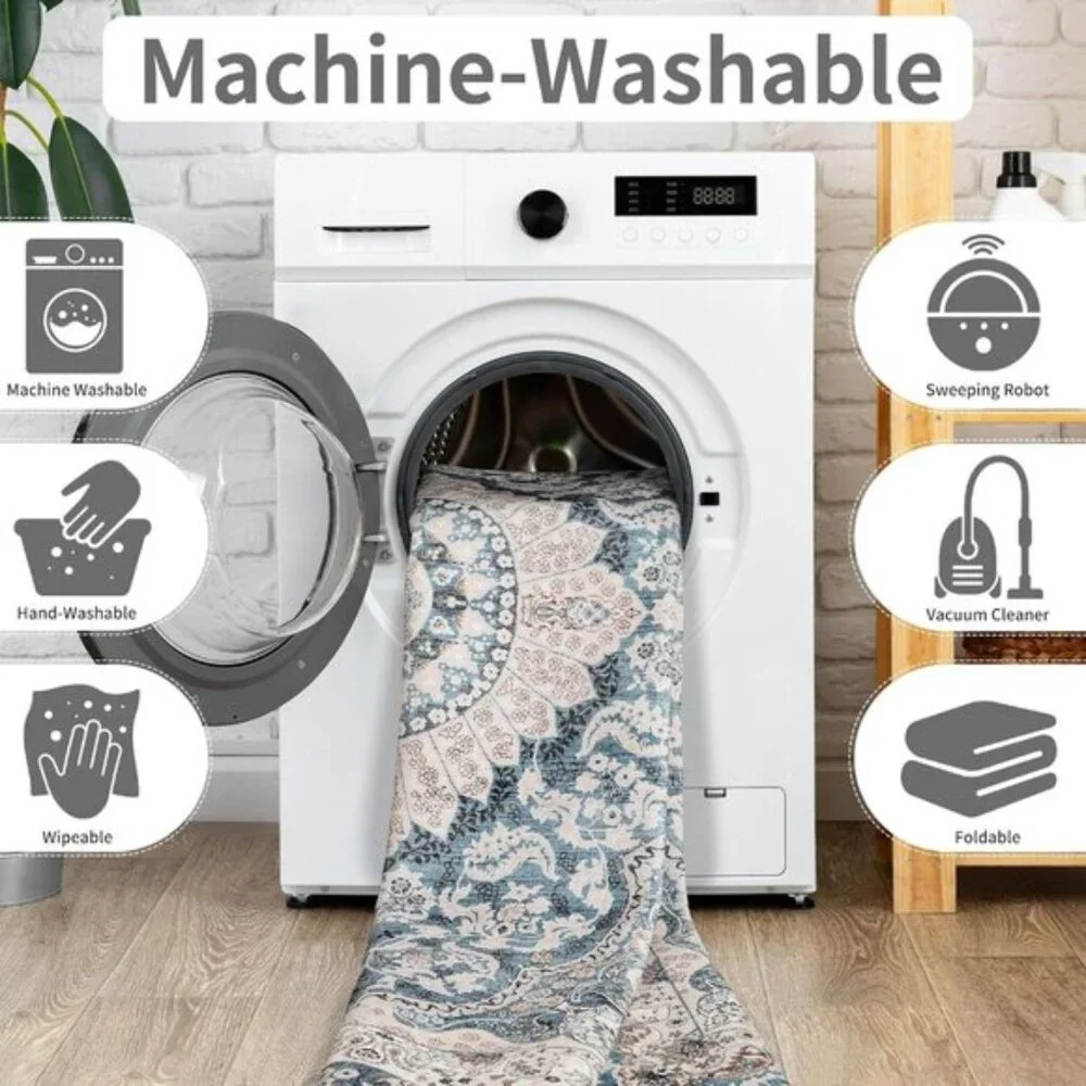New 6x9 Blue Vintage Washable Rug Non-Slip Low Pile Carpet for Home & Room